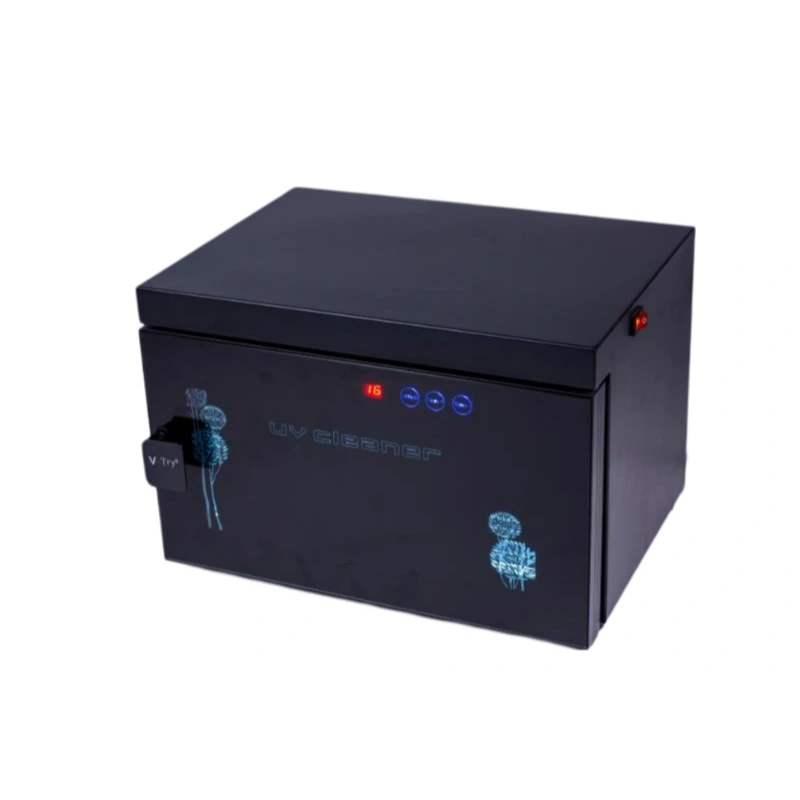 Black UV sterilizer box with LED indicators on a white background