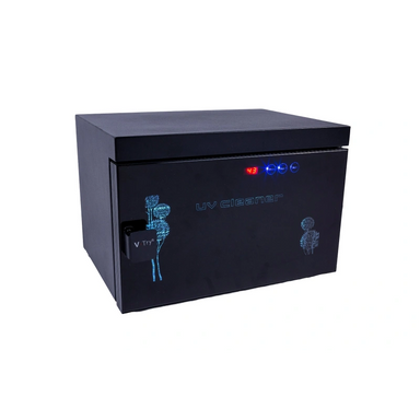 Black UV cleaner box with LED indicators on a white background