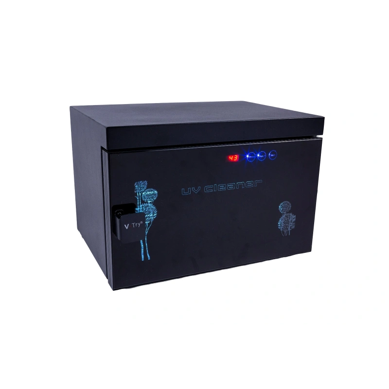 Black UV cleaner box with LED indicators on a white background