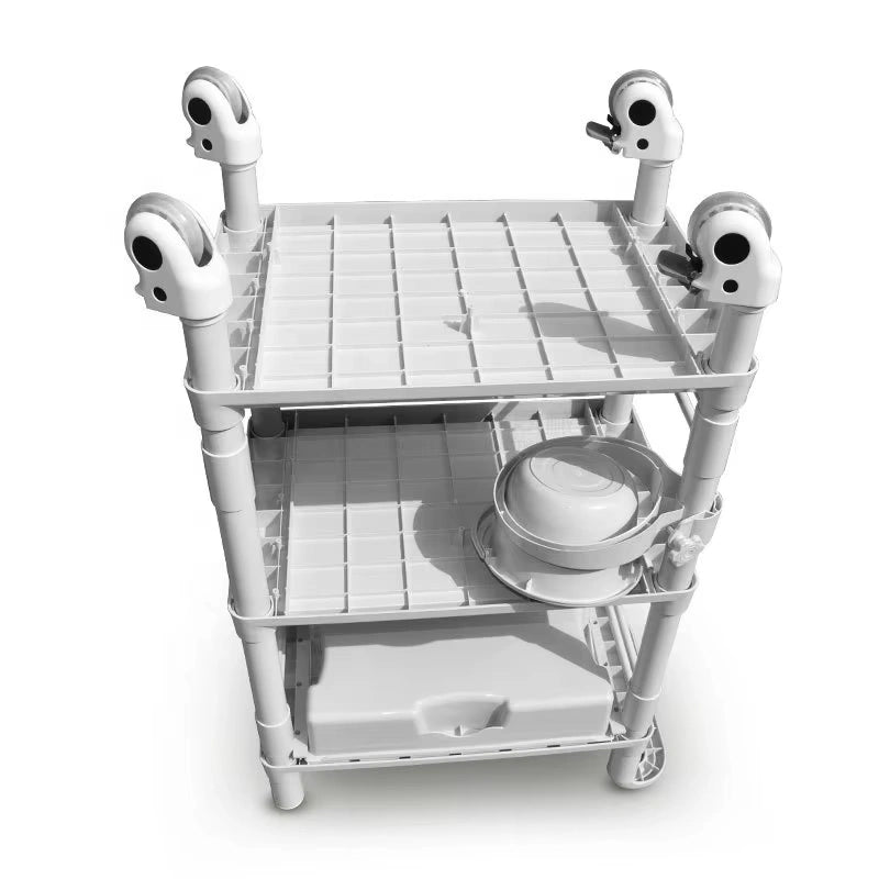 White three-tiered utility cart with wheels on a white background