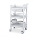 White rolling cart with shelves and wheels on a white background