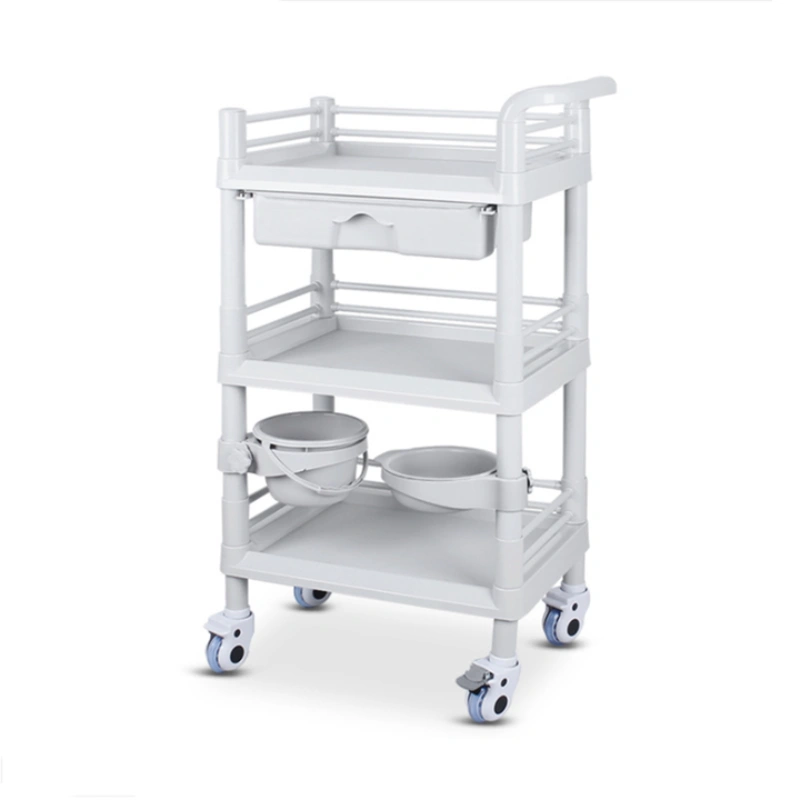 White rolling cart with shelves and wheels on a white background