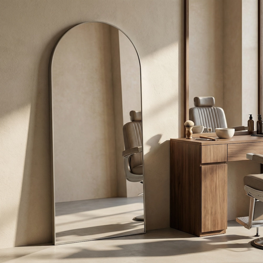 Louvre Mirrors Alto Arch Frameless Mirror Barber Front Side View