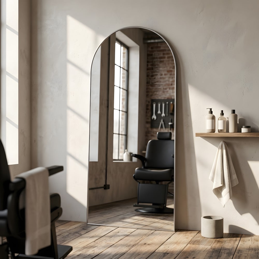 Louvre Mirrors Alto Arch Frameless Mirror Barbershop Front Side View