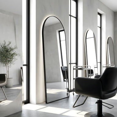 Louvre Mirrors Aura Arch Backlit LED Salon Mirror Black Side By Side Leaning
