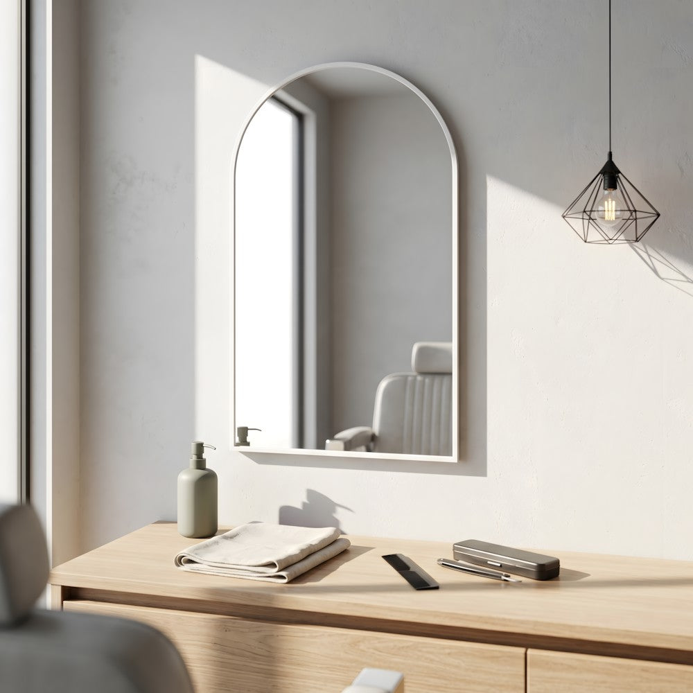 Louvre Mirrors Contour Arch Mirror White Salon Front Side View