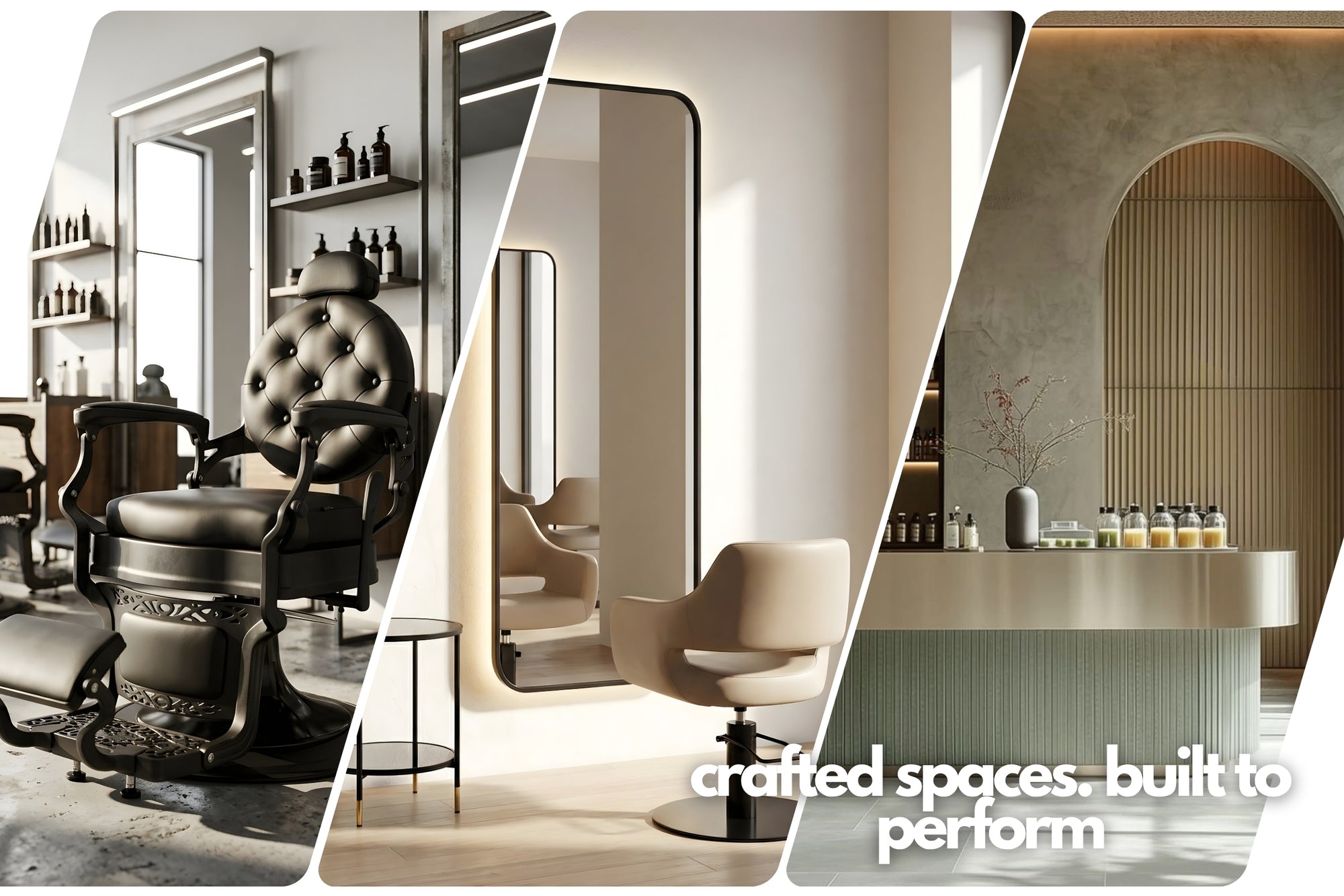 Collage of interior design elements including a salon chair, mirror, and counter with text 'crafted spaces. built to perform'.