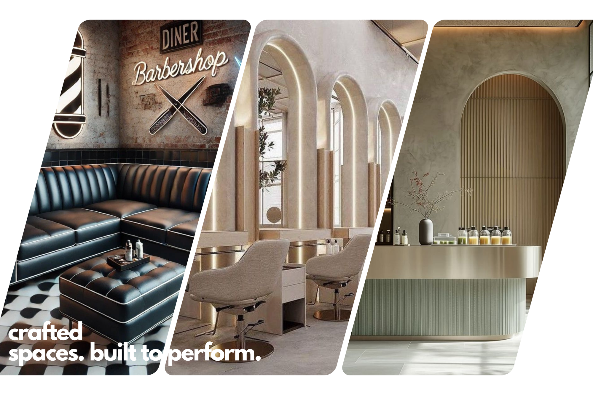 Collage of interior design elements including a barbershop, dining area, and modern office space with text 'crafted spaces. built to perform.